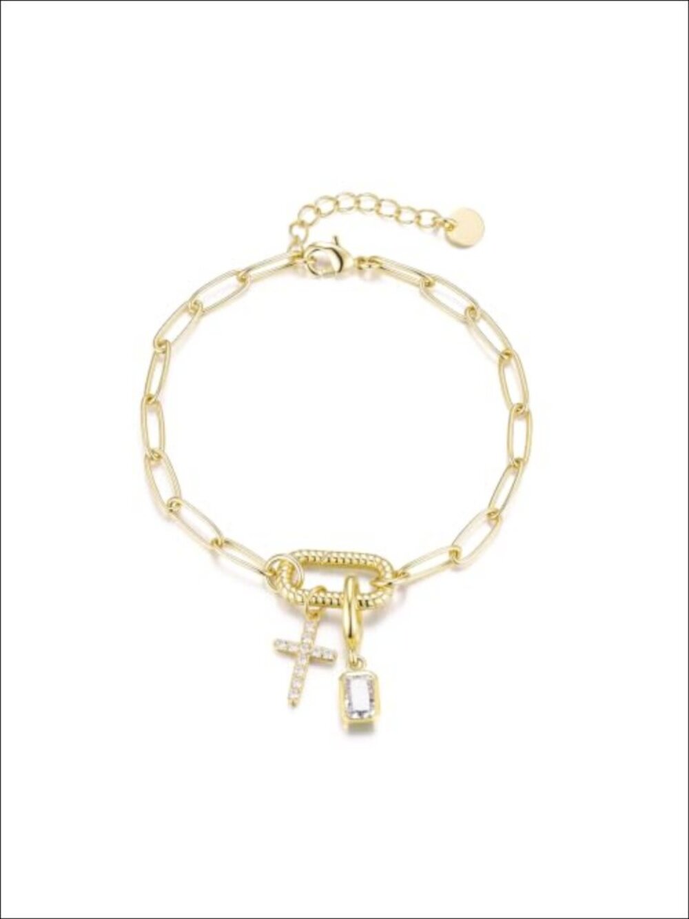 April Birthstone Cross Charm Bracelet 15K Gold Plated Adjustable